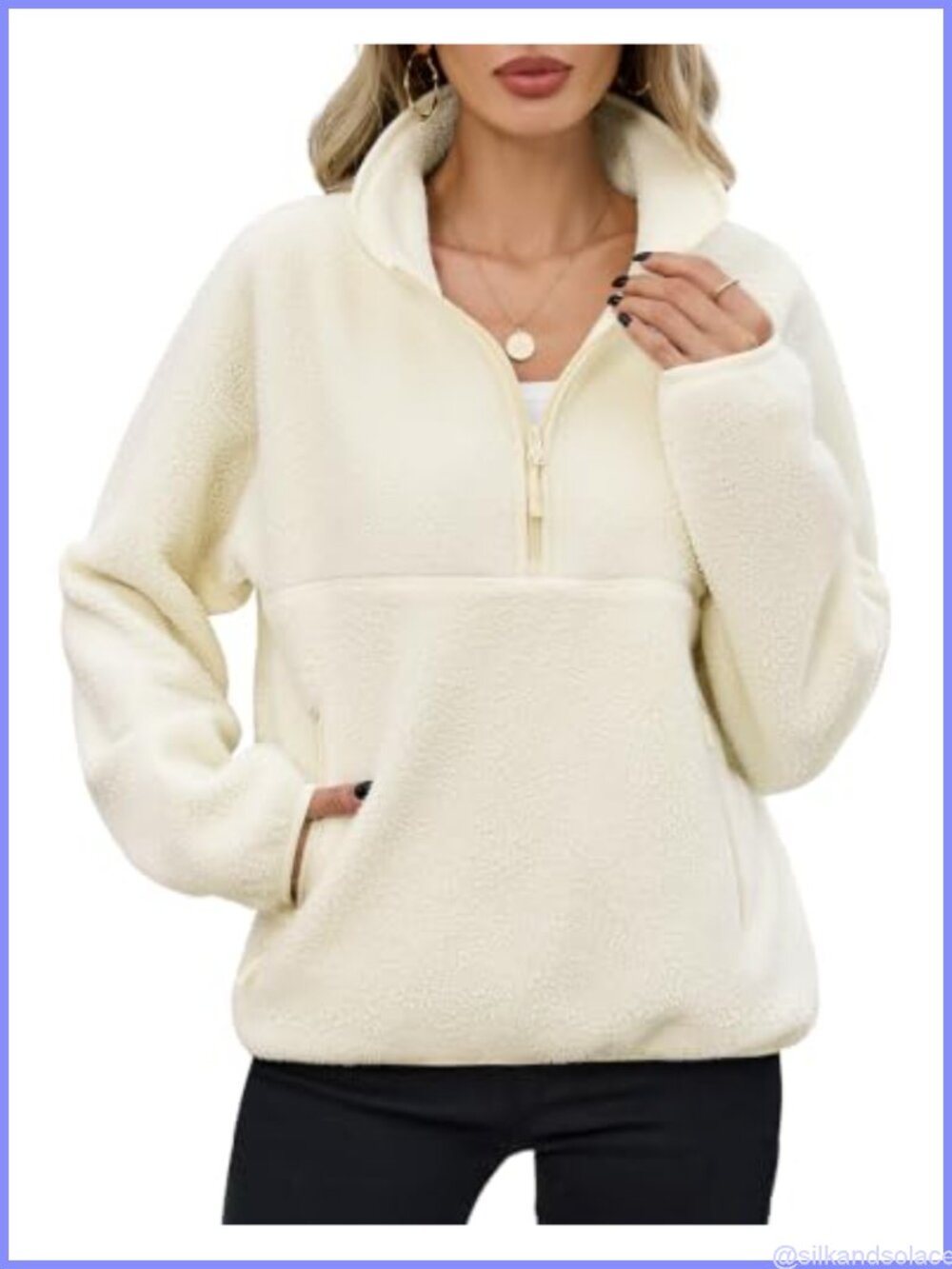 Womens Fleece Half Zip Pullover Sherpa Jacket with Pockets